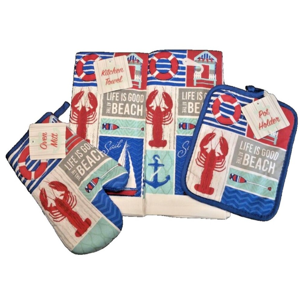 Lobster BBQ Dish Towels Oven Mitt Potholder Set of 4 Life Is Good at the Beach